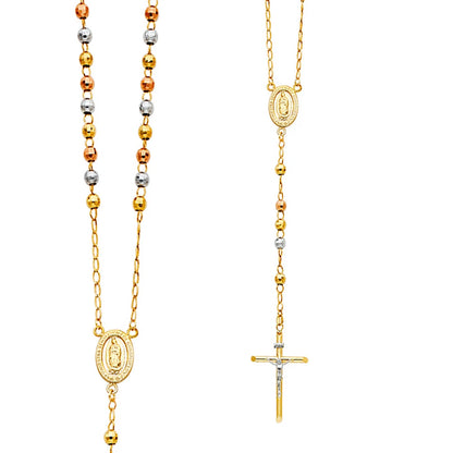 14K Tri-Color Gold Rosary Necklace with Crucifix – 26" Catholic Beaded Rosary Chain