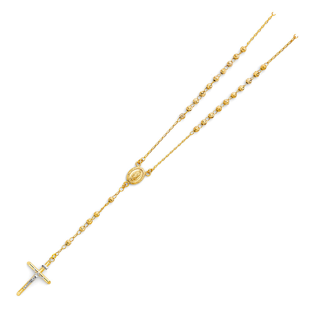 14K Yellow Gold Rosary Beaded Necklace with Crucifix - 4mm Moon Cut Ball Chain, 26"