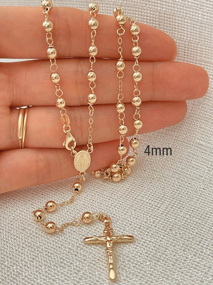 14K Yellow Gold Rosary Beaded Necklace with Crucifix - 4mm Moon Cut Ball Chain, 26"