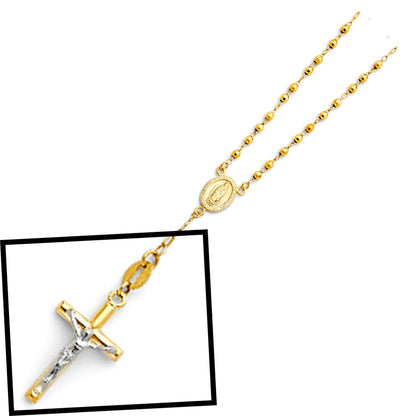 14K Yellow Gold Rosary Beaded Necklace with Crucifix - 4mm Moon Cut Ball Chain, 26"