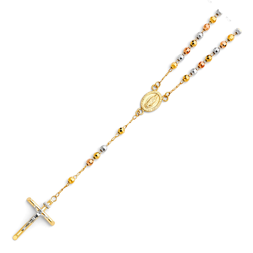 Gold and silver rosary necklace on a white background availabe on TX.ORO website.