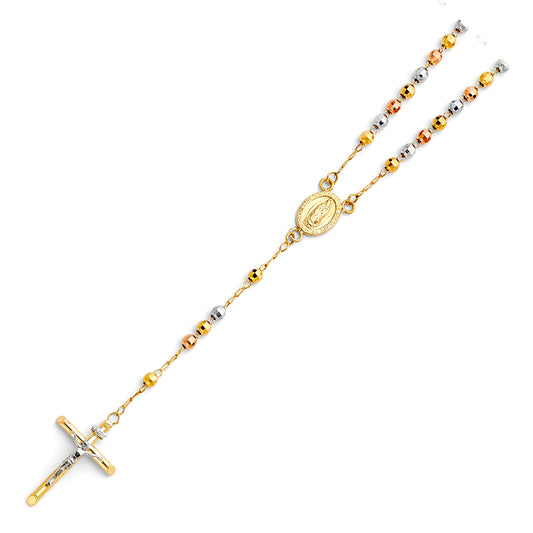 Gold and silver rosary necklace on a white background availabe on TX.ORO website.