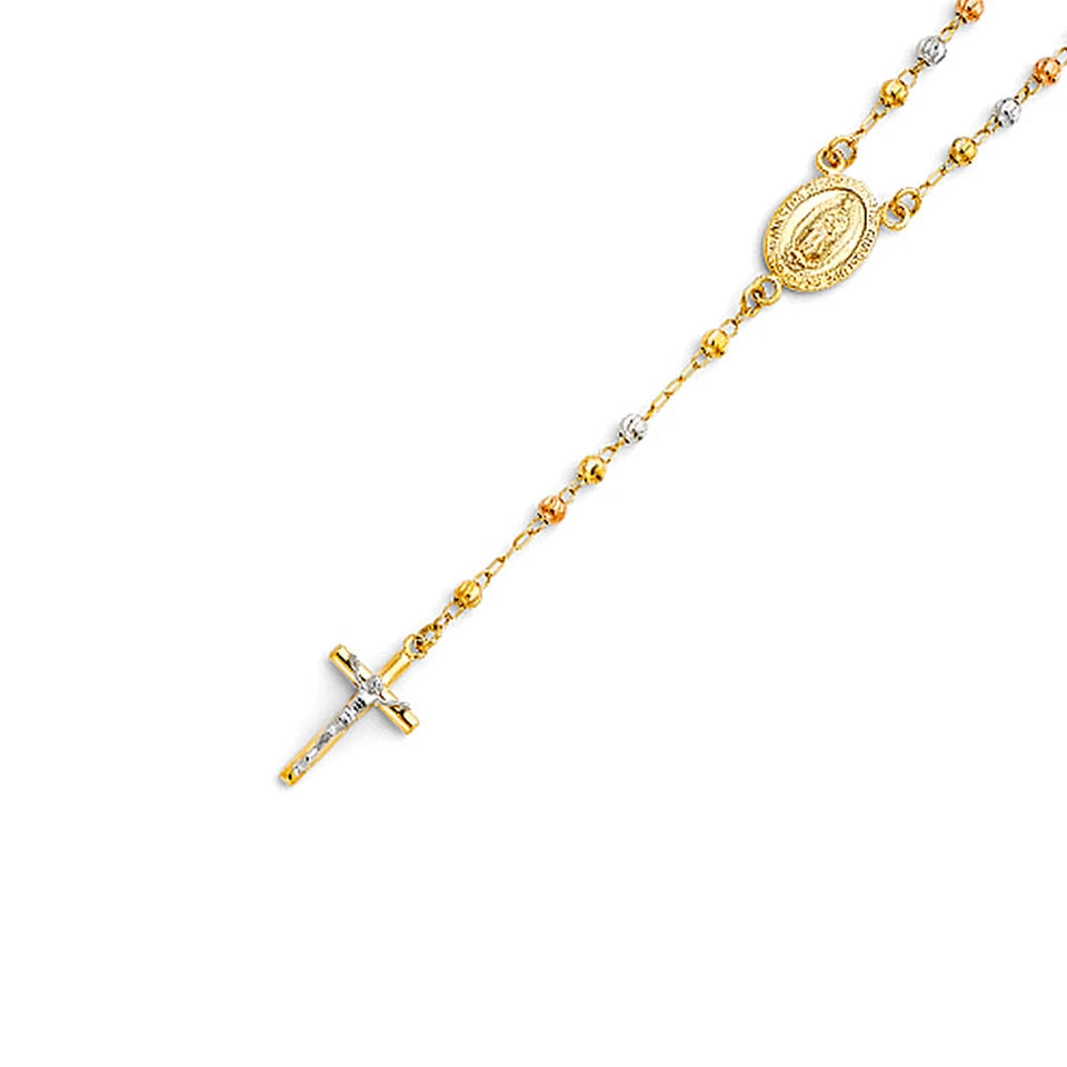 Gold rosary necklace with a cross and medal on a white background availabe on TX.ORO website.