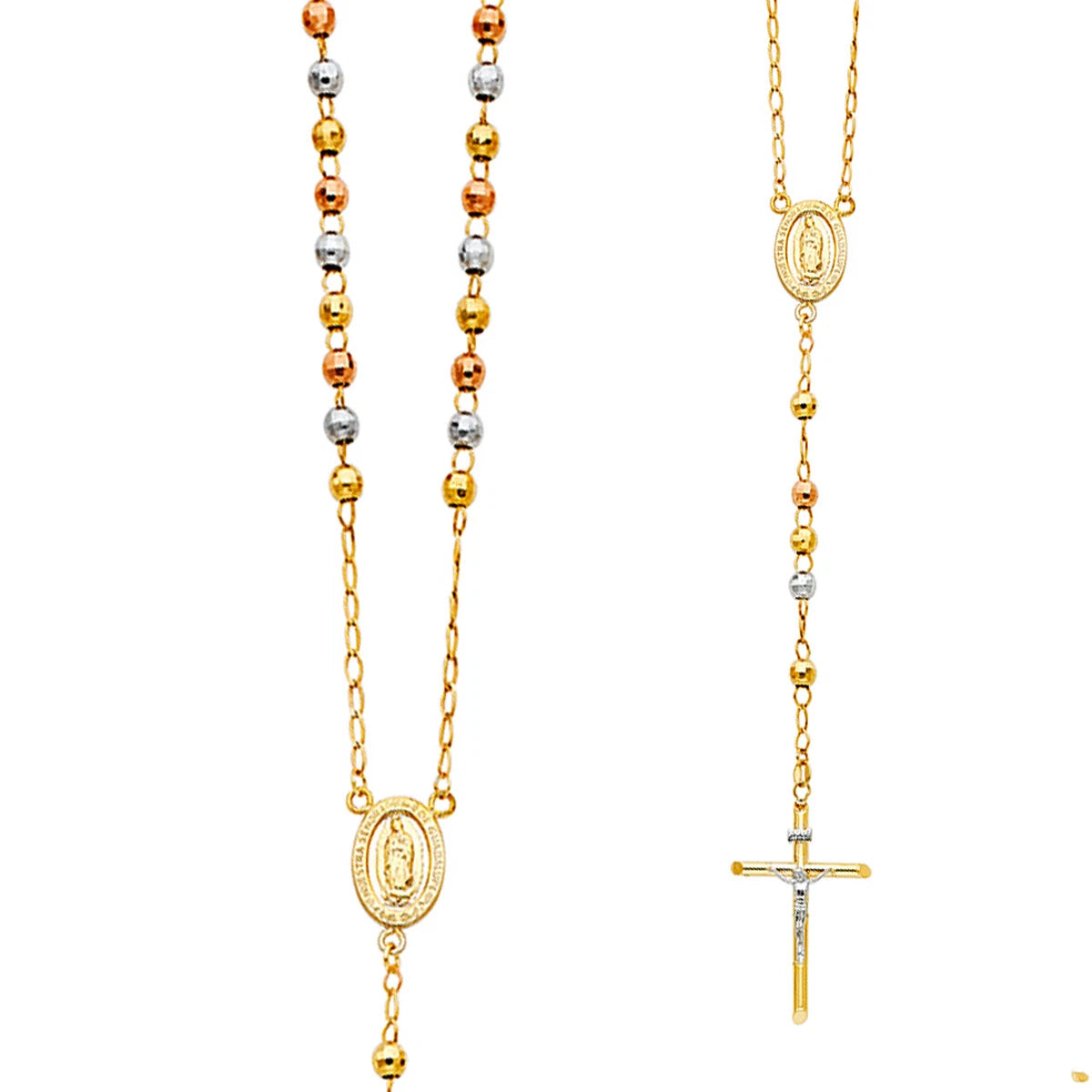 Gold and silver rosary necklace with a cross on a white background availabe on TX.ORO website.
