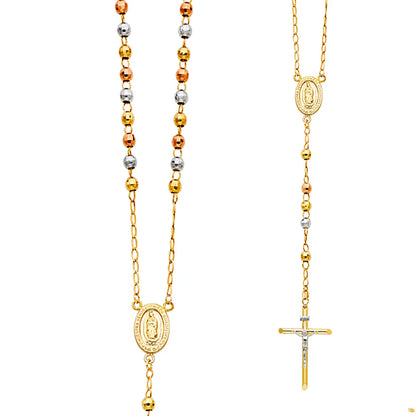 Gold and silver rosary necklace with a cross on a white background availabe on TX.ORO website.