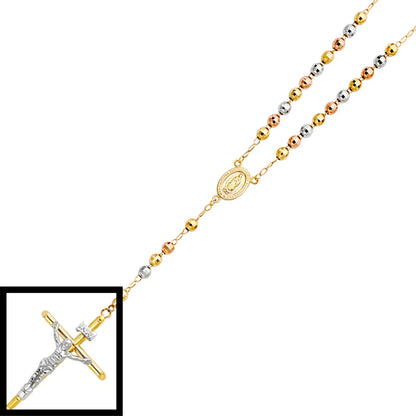 Three-tone rosary necklace with a close-up inset of a cross availabe on TX.ORO website.
