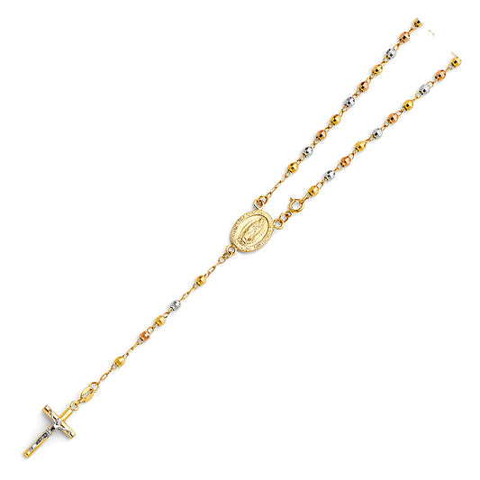 Gold rosary necklace with a central pendant on a white background availabe on TX.ORO website.