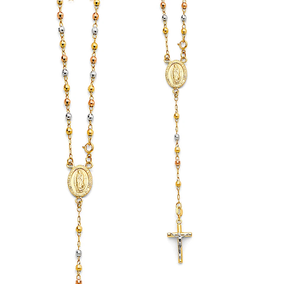 Gold and silver rosary necklace with a cross on a white background availabe on TX.ORO website.