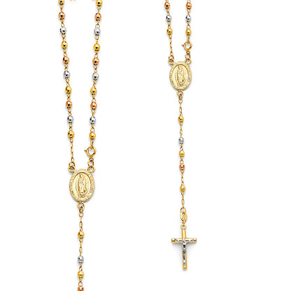 Gold and silver rosary necklace with a cross on a white background availabe on TX.ORO website.