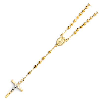 Gold rosary necklace with a cross on a white background availabe on TX.ORO website.