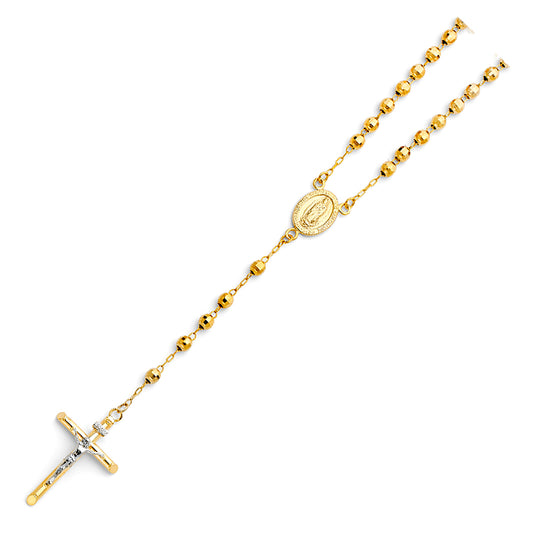 Gold rosary necklace with a cross on a white background availabe on TX.ORO website.