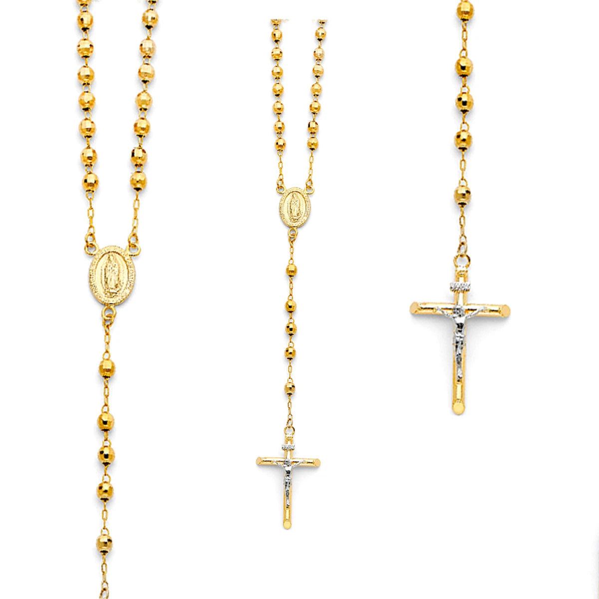Gold rosary necklace with beads and crosses on a white background availabe on TX.ORO website.