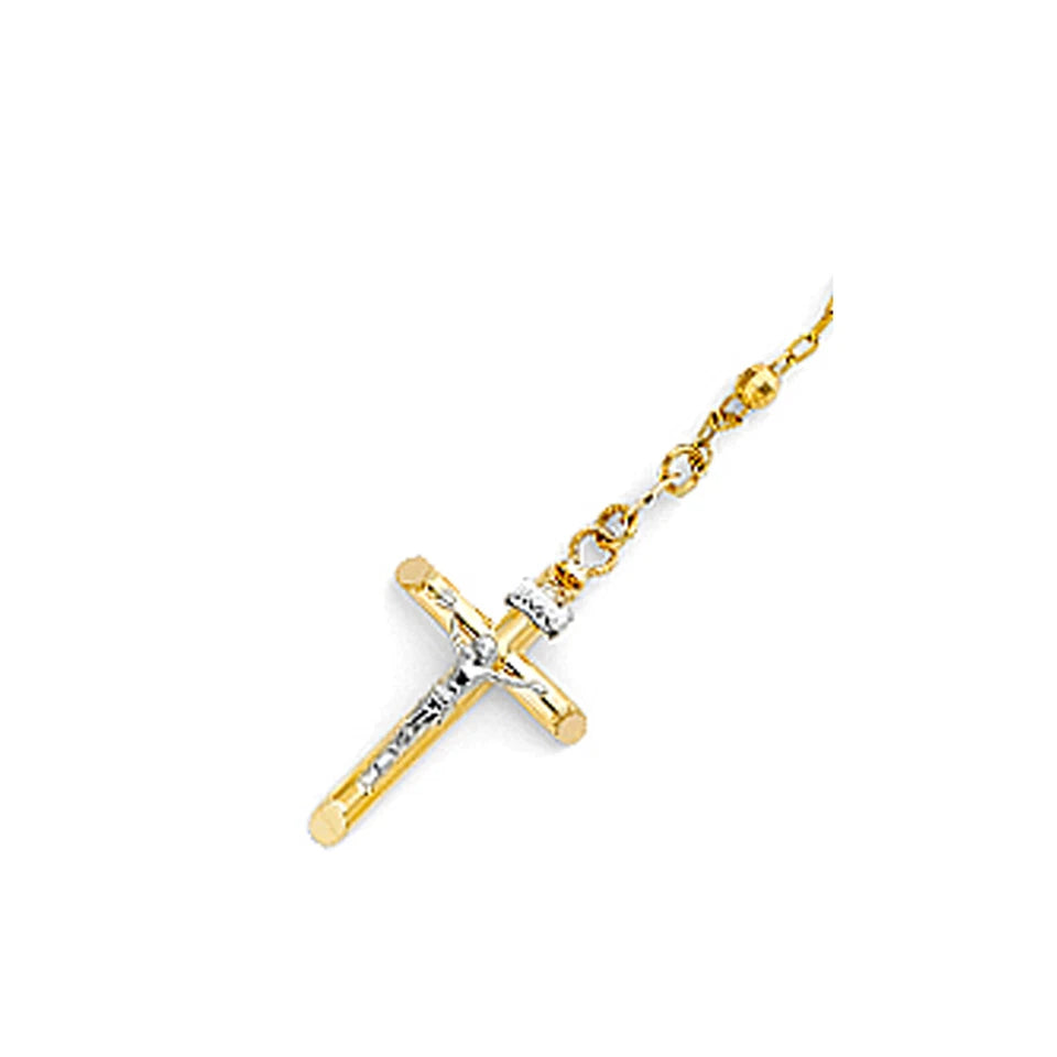 Gold cross pendant on a chain against a white background availabe on TX.ORO website.