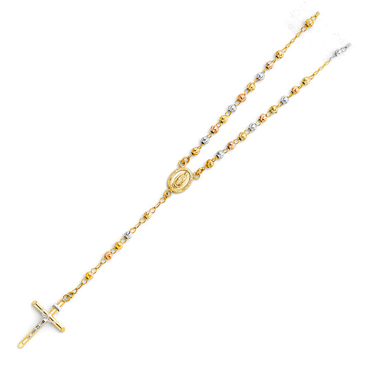 Gold rosary necklace with a cross on a white background availabe on TX.ORO website.