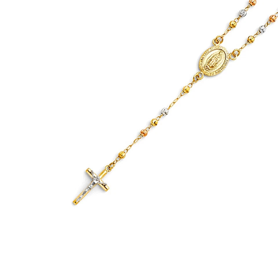 Gold rosary necklace with a cross and medal on a white background availabe on TX.ORO website.