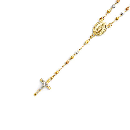 Gold rosary necklace with a cross and medal on a white background availabe on TX.ORO website.