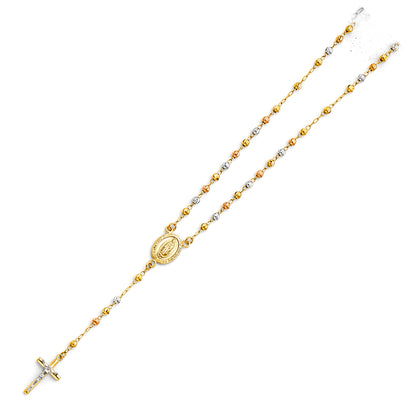 Gold and silver rosary necklace on a white background availabe on TX.ORO website.