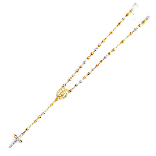 Gold and silver rosary necklace on a white background availabe on TX.ORO website.