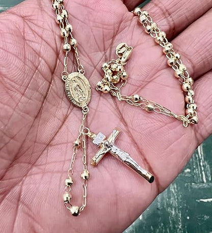 14K Yellow Gold 4mm Moon Ball Rosary Necklace with Crucifix - 20"