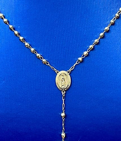 Rosary necklace with a central medal on a blue background availabe on TX.ORO website.