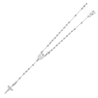 14K White Gold Moon Ball Rosary Necklace with Crucifix - 3mm Beaded Chain, 18"