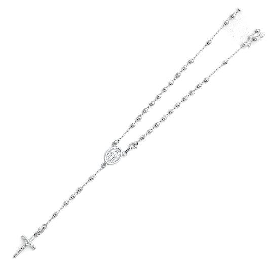 14K White Gold Moon Ball Rosary Necklace with Crucifix - 3mm Beaded Chain, 18"