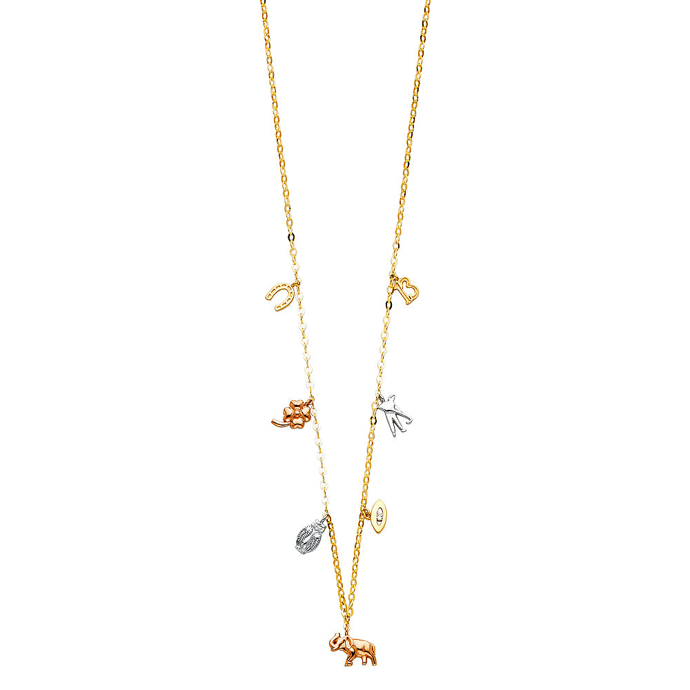 Gold necklace with various charms on a white background available on the TX.ORO website.