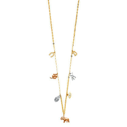 Gold necklace with various charms on a white background available on the TX.ORO website.