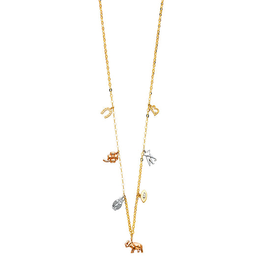 Gold necklace with various charms on a white background available on the TX.ORO website.