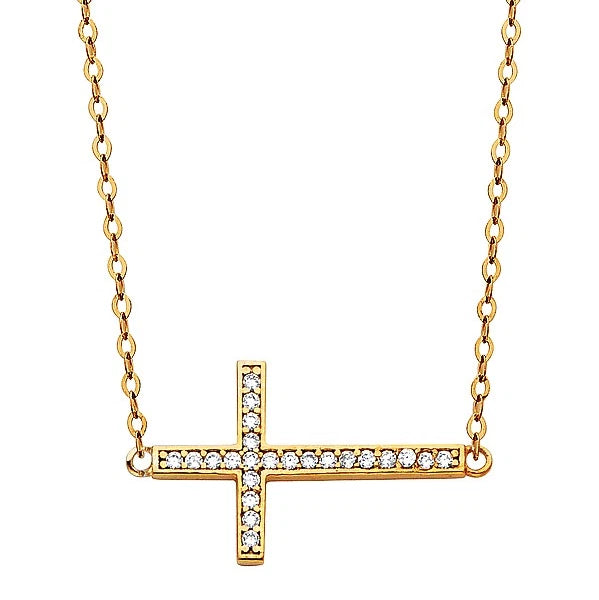 Gold cross necklace with diamonds on a white backgroundavailable on the TX.ORO website.