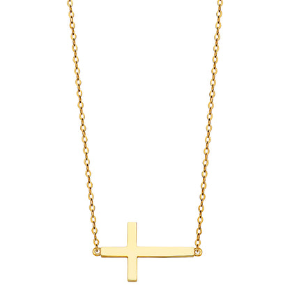 Gold cross necklace on a white background available on the TX.ORO website.