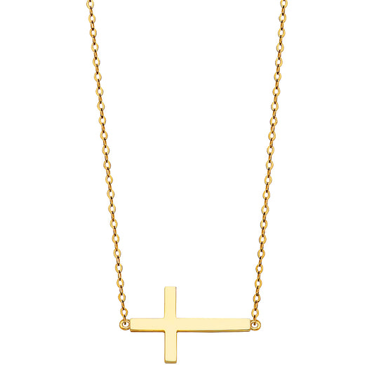 Gold cross necklace on a white background available on the TX.ORO website.
