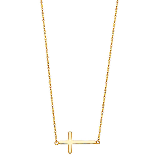 Gold cross necklace on a white background available on the TX.ORO website.