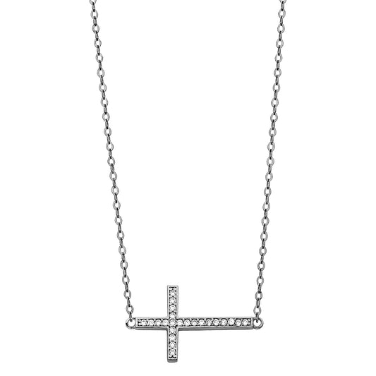 Silver cross necklace with small diamonds on a white background available on the TX.ORO website.