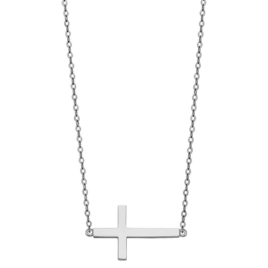 Silver cross pendant on a chain against a white background available on the TX.ORO website.