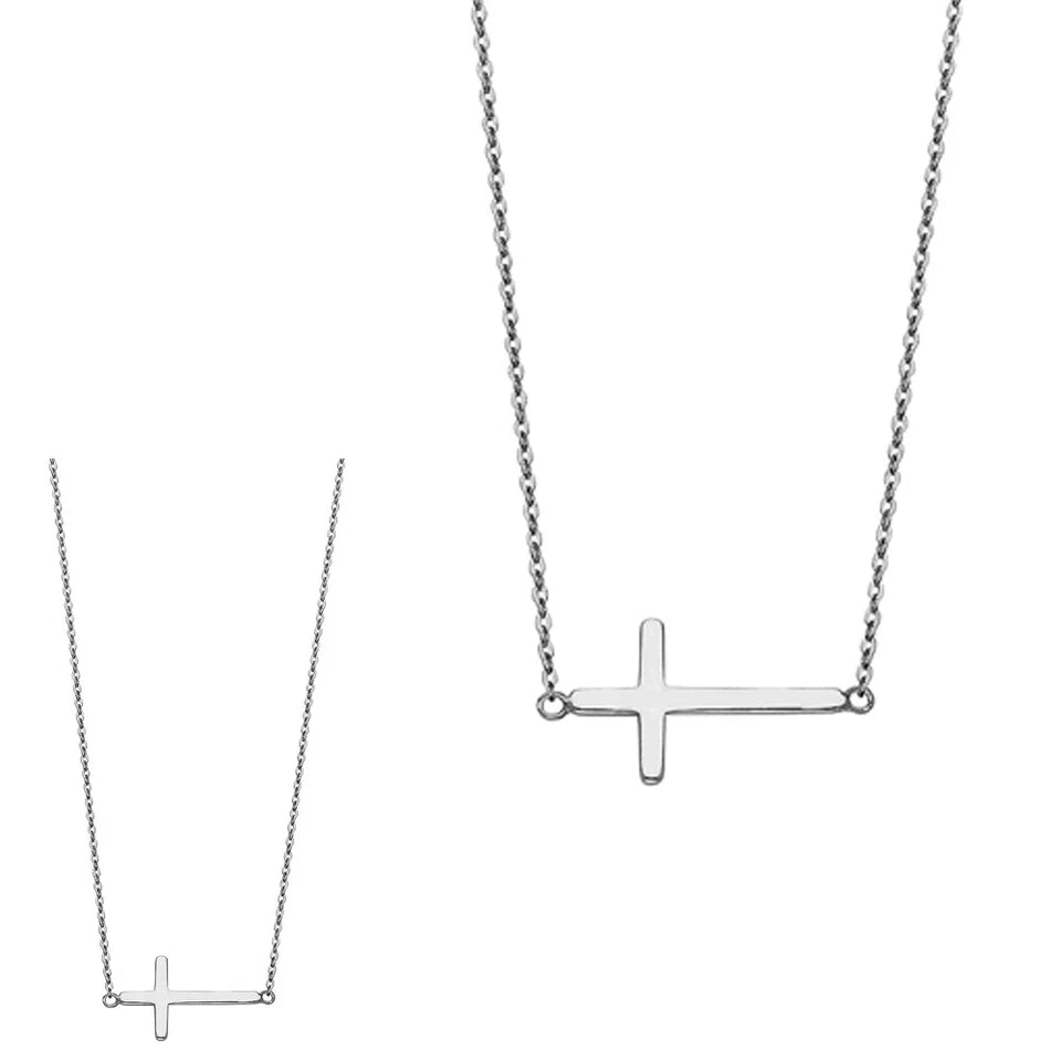 Silver cross necklace on a white background available on the TX.ORO website.