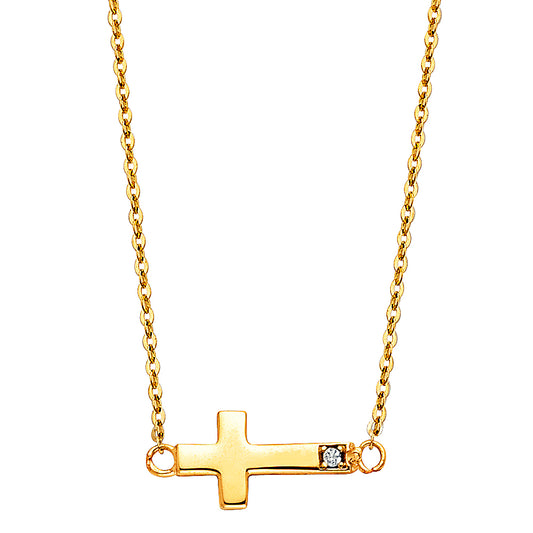 Gold cross necklace with a small diamond on a white background available on the TX.ORO website.