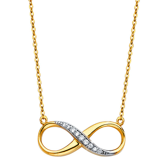 Gold infinity necklace with diamonds on a white background available on the TX.ORO website.