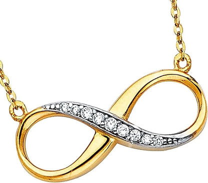 Gold and silver infinity necklace with diamonds on a white background available on the TX.ORO website.