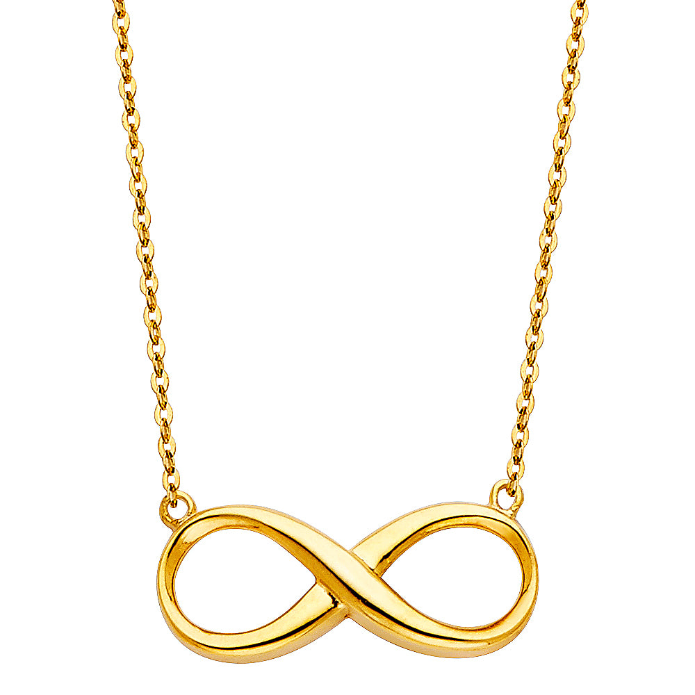 Gold infinity necklace on a white background available on the TX.ORO website.