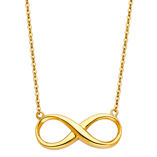 Gold infinity necklace on a white background available on the TX.ORO website.