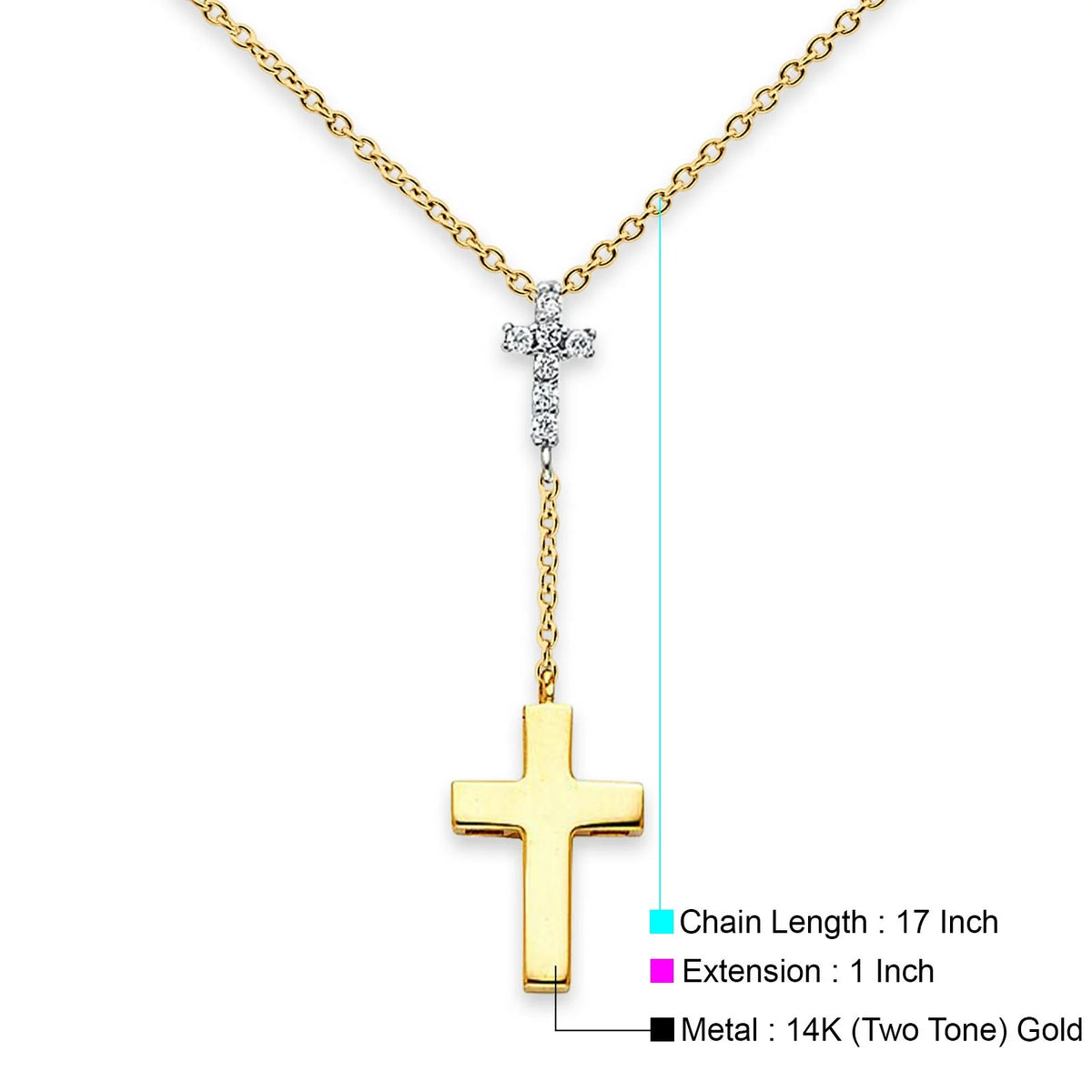 Two-tone gold cross necklace with chain length and extension details on a white background available on the TX.ORO website.