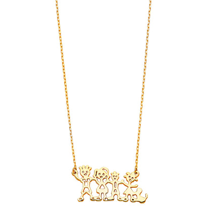 Gold necklace with a family-themed pendant on a white background
