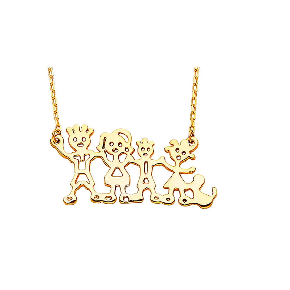 A gold family name pendant necklace featuring stylized cutout figures spelling out a name, suspended from a delicate gold chain against a plain white background.