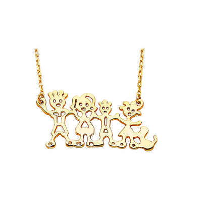 A gold family name pendant necklace featuring stylized cutout figures spelling out a name, suspended from a delicate gold chain against a plain white background.
