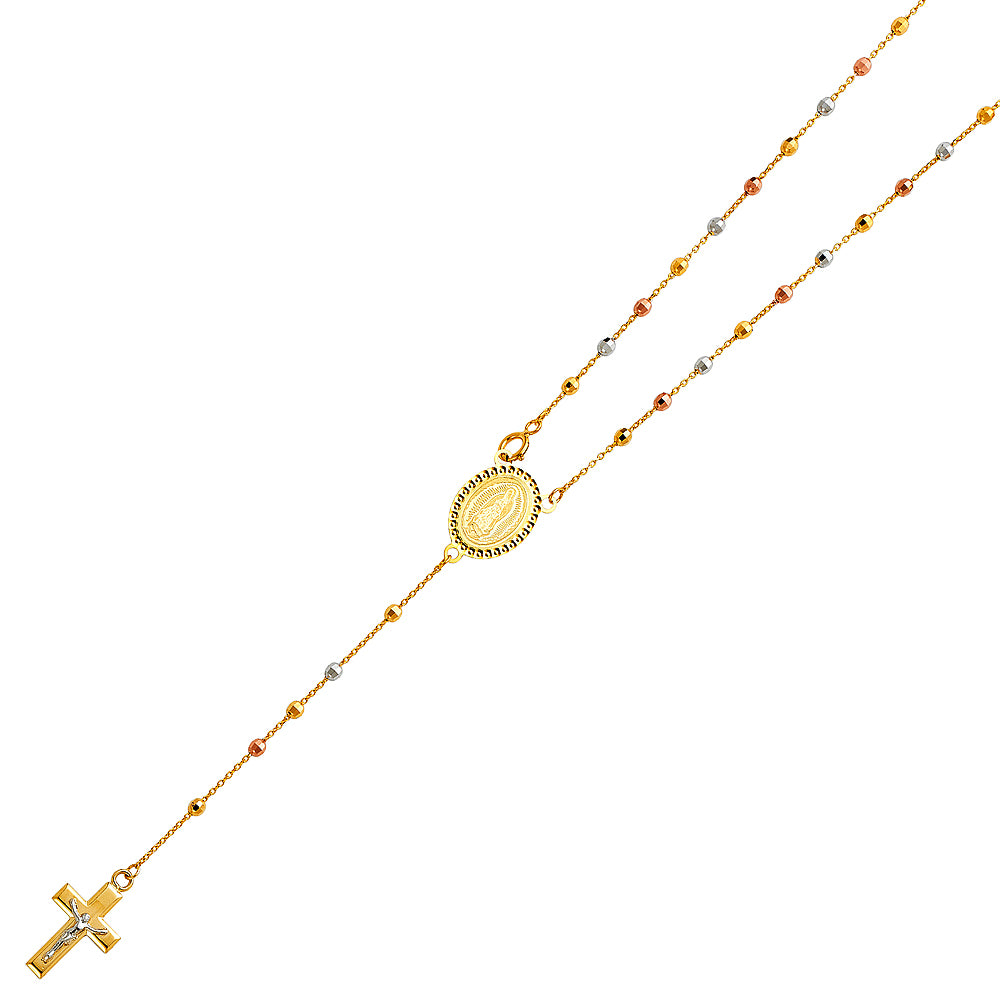 Gold necklace with a central pendant and cross on a white background availabe on TX.ORO website.