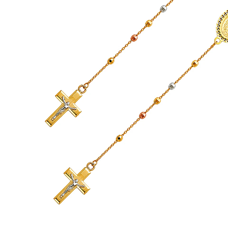 Gold rosary chain with cross pendants on a white background availabe on TX.ORO website.