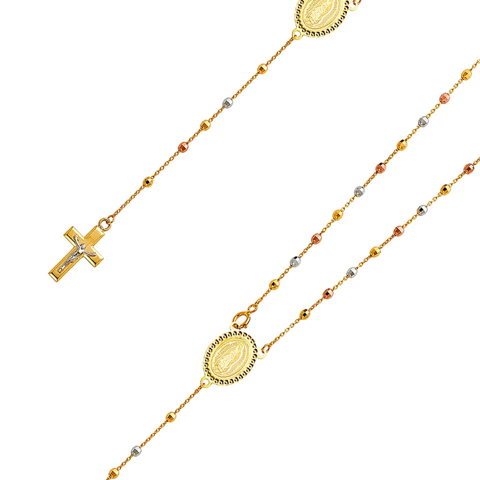 Gold necklace with religious charms on a white background availabe on TX.ORO website.