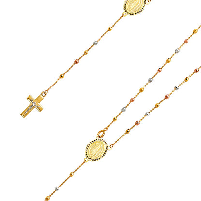 Gold necklace with religious charms on a white background availabe on TX.ORO website.