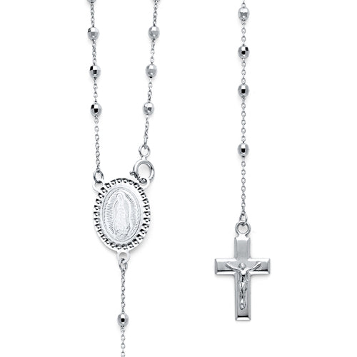 Silver rosary necklace with a central pendant and cross on a white background available on the TX.ORO website.